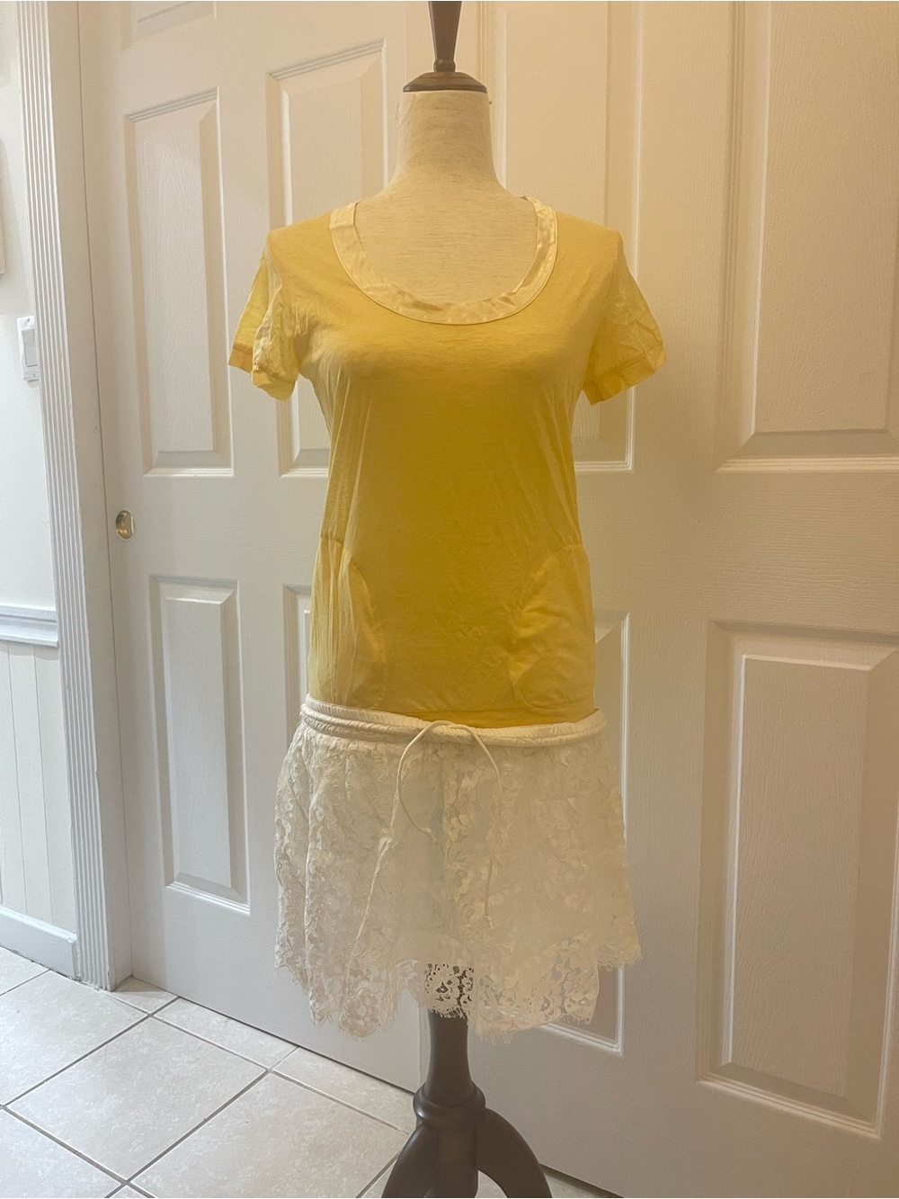 Sacai Yellow and White Mixed-Media Mini Dress